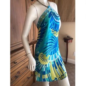 Emilio Pucci Colorful Pattern Halter Mini Dress with Silver Snake Chain Necklace